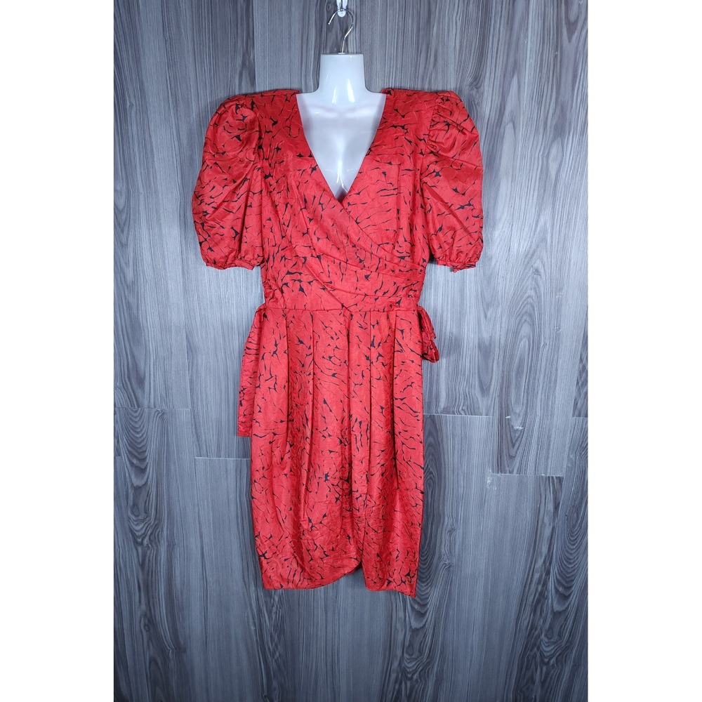 Vintage Nuit Red Black‎ Abstract Print Puff Sleeve Rosette Cocktail Dress 80s